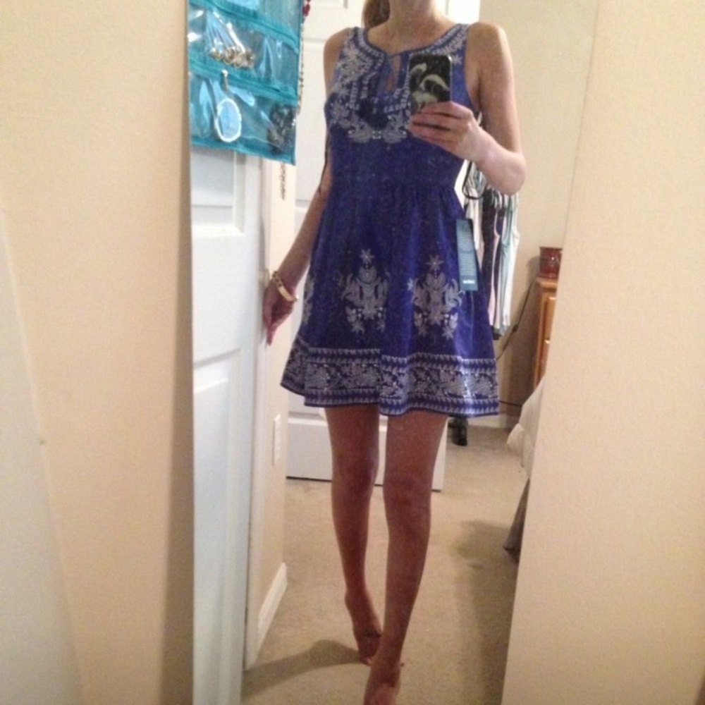 bebe Blue Flowered White Embroidered Dress 00